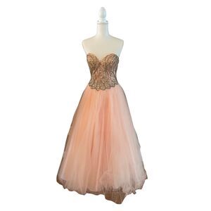 Coya Collection Princess Prom Dress Pink Gold Beaded Strapless Size XS